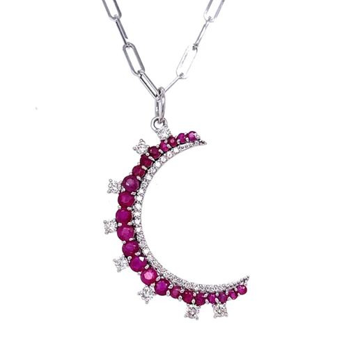 14KT WHITE GOLD RUBY MOON PENDENT WITH DIAMONDS