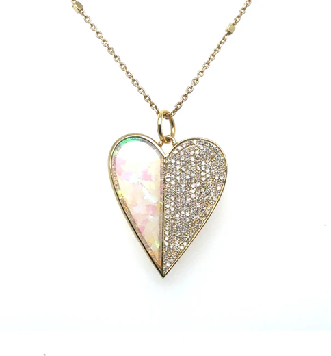 14KT YELLOW GOLD OPAL HEART PENDANT WITH DIAMONDS