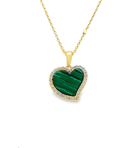 14KT YELLOW GOLD MALACHITE HEART PENDANT WITH DIAMONDS