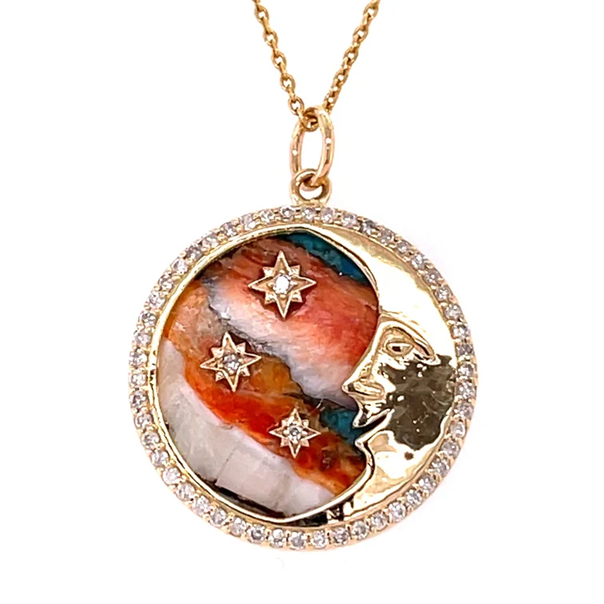 14KT YELLOW GOLD OYSTER TURQUOISE STAR MOON PENDANT WITH DIAMONDS