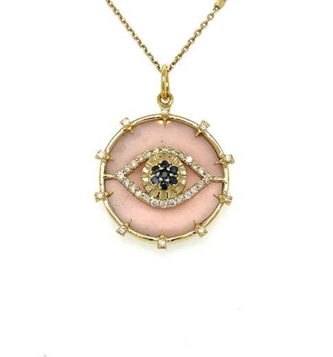 14KT YELLOW GOLD PINK OPAL EVIL EYE PENDANT WITH BLUE SAPPHIRE AND DIAMONDS