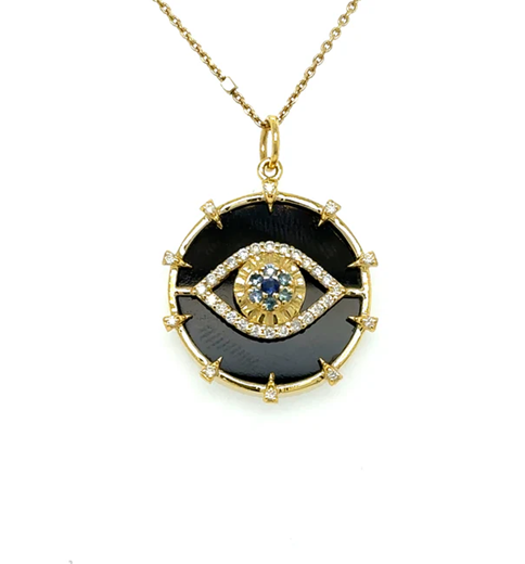 14KT YELLOW GOLD BLACK ONYX EVIL EYE PENDANT WITH BLUE SAPPHIRE AND DIAMONDS