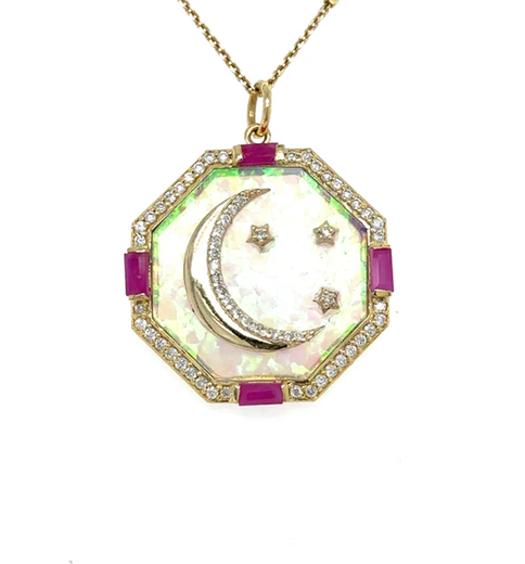 14KT YELLOW GOLD STAR MOON OPAL PENDANT WITH DIAMONDS