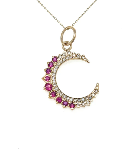 14KT YELLOW GOLD HALF MOON PENDANT WITH RUBY AND DIAMONDS