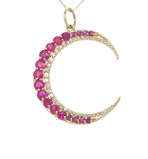 14KT HALF MOON PENDANT WITH RUBY AND DIAMONDS