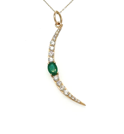 14KT HALF MOON PENDANT WITH EMERALD AND DIAMONDS