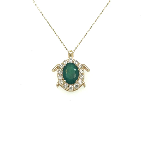 14KT YELLOW GOLD EMERALD AND DIAMONDS TURTLE PENDANT