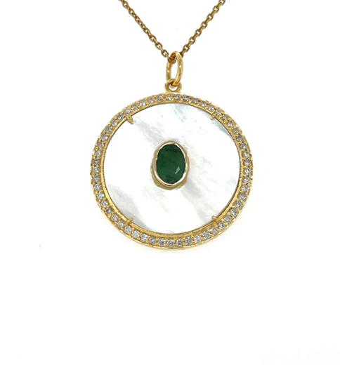 14KT YELLOW GOLD MOTHER OF PEARL PENDANT WITH EMERALD AND DIAMONDS