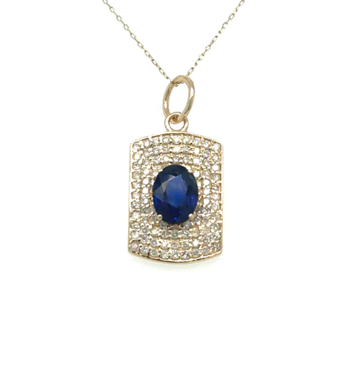 14KT YELLOW GOLD DOGTAG PENDANT WITH SAPPHIRE AND DIAMONDS