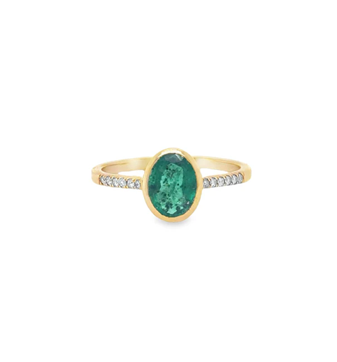 14KT YELLOW GOLD EMERALD OVAL WITH DIAMONDS RING