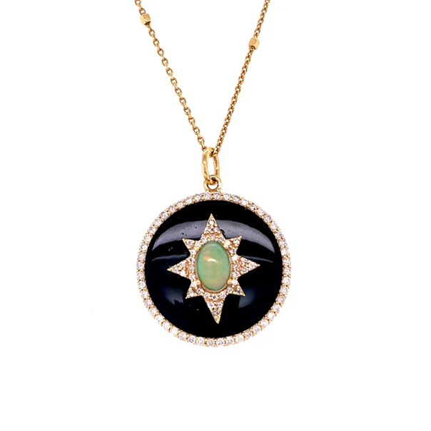 14KT YELLOW GOLD BLACK ONYX AND OPAL WITH DIAMONDS PENDANT