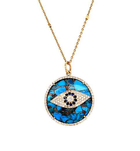 14KT YELLOW GOLD MOHAVE TURQUOISE EVIL EYE WITH BLUE SAPPHIRE AND DIAMONDS PENDANT