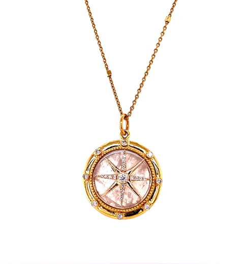 14KT YELLOW GOLD RAINBOW MOONSTONE COMPASS PENDANT WITH DIAMONDS