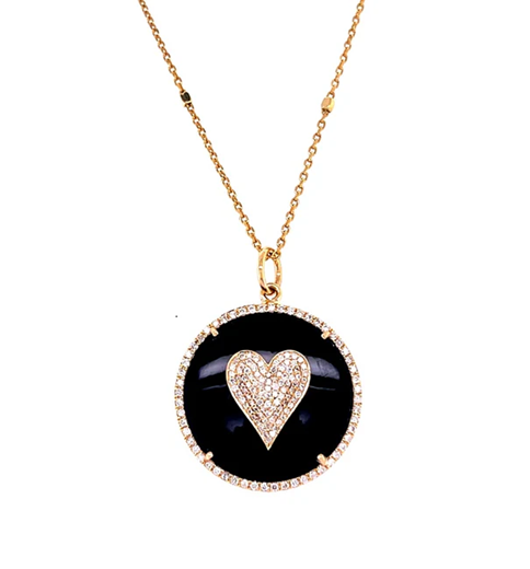14KT YELLOW GOLD BLACK ONYX HEART PENDANT WITH DIAMONDS