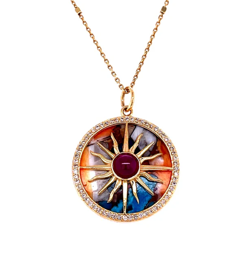 14KT YELLOW GOLD OYSTER TURQUOISE PENDANT WITH RUBY AND DIAMONDS