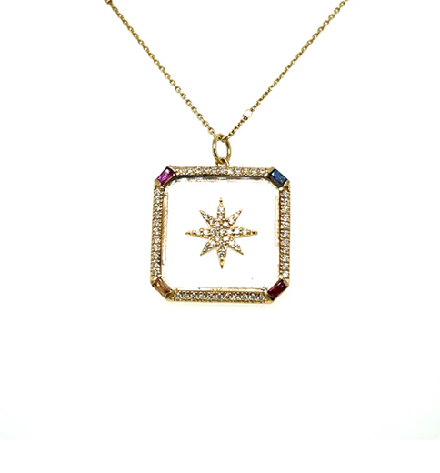 YELLOW GOLD CLEAR QUARTZ MULTICOLOR SAPPHIRE SQUARE PENDANT WITH DIAMONDS