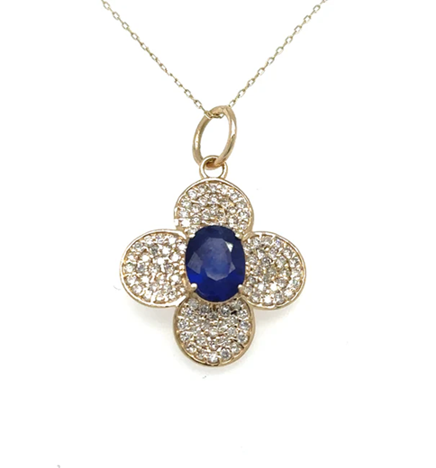 14KT FLOWER PENDANT WITH SAPPHIRE AND DIAMONDS