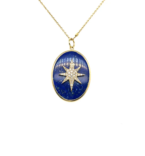14KT YELLOW GOLD LAPIS OVAL PENDANT WITH DIAMONDS