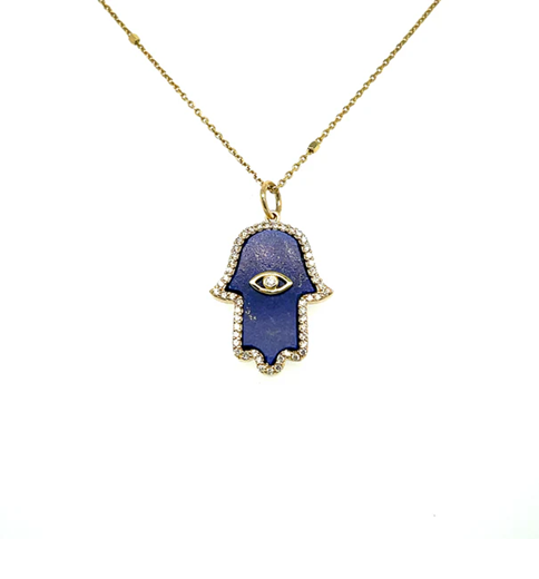 14KT YELLOW GOLD LAPIS HAMSA PENDANT WITH DIAMONDS