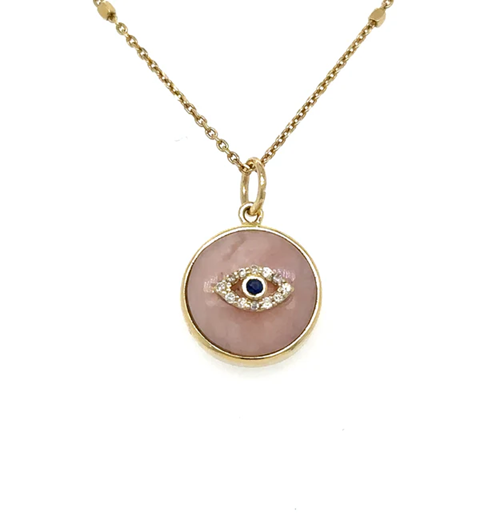 14KT YELLOW GOLD PINK OPAL EVIL EYE PENDANT WITH DIAMONDS