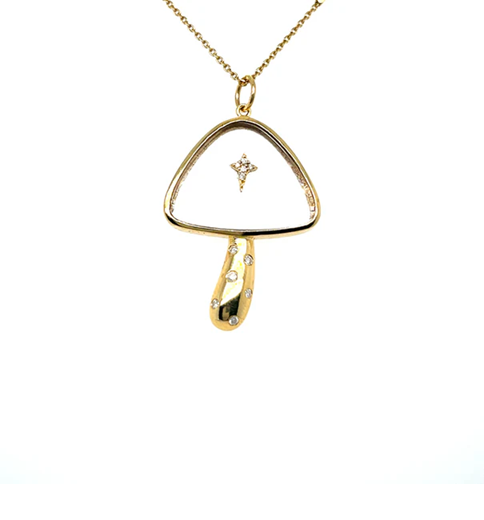 YELLOW GOLD CLEAR QUARTZ MUSHROOM PENDANT WITH DIAMONDS