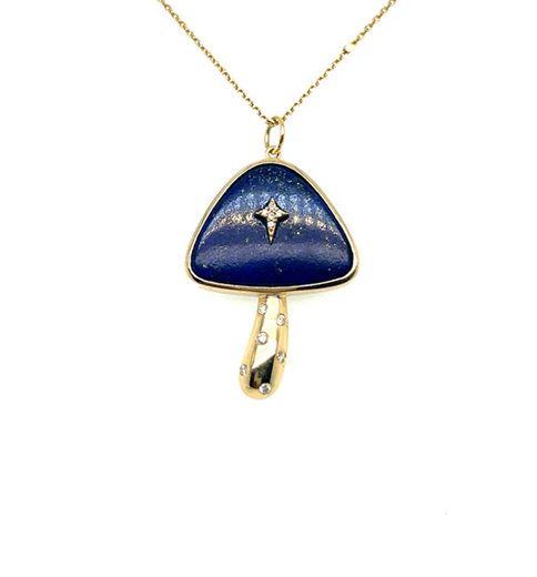 14KT YELLOW GOLD LAPIS MUSHROOM PENDANT WITH DIAMONDS