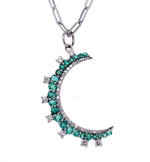 14KT WHITE GOLD EMERALD MOON PENDANT WITH DIAMONDS