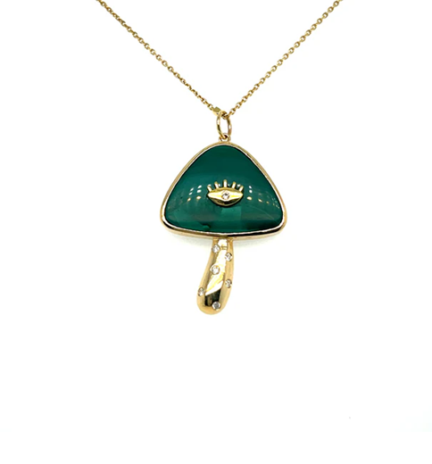 14KT YELLOW GOLD MALACHITE MUSHROOM PENDANT WITH DIAMONDS