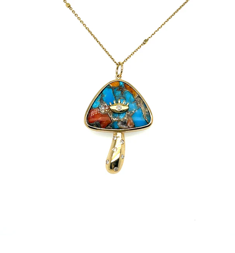14KT YELLOW GOLD OYSTER TURQUOISE MUSHROOM PENDANT WITH DIAMONDS