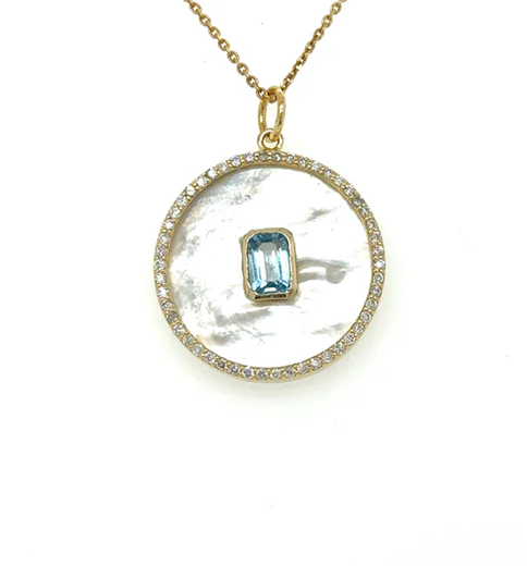 14KT YELLOW GOLD MOTHER OF PEARL PENDANT WITH BLUE TOPAZ AND DIAMONDS