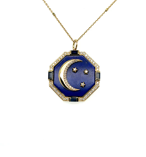 14KT YELLOW GOLD STAR MOON LAPIS PENDANT WITH DIAMONDS