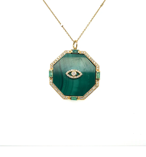 14KT YELLOW GOLD EVIL EYE MALACHITE PENDANT WITH DIAMONDS