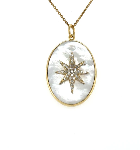 14KT YELLOW GOLD MOTHER OF PEARL OVAL PENDANT WITH DIAMONDS