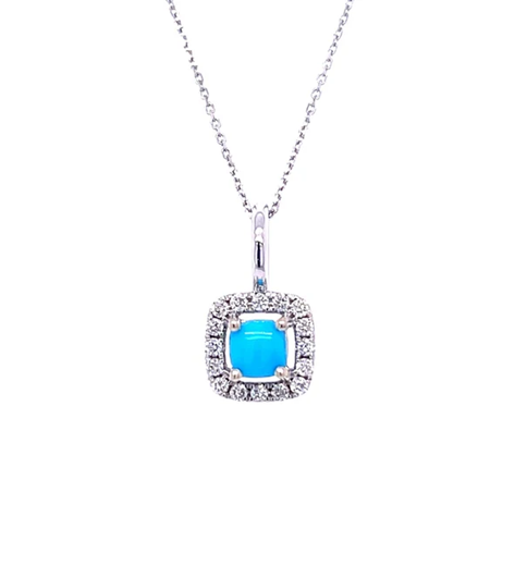 14K WG TURQUOISE / DIAMOND CUSHION PENDANT WITHOUT CHAIN