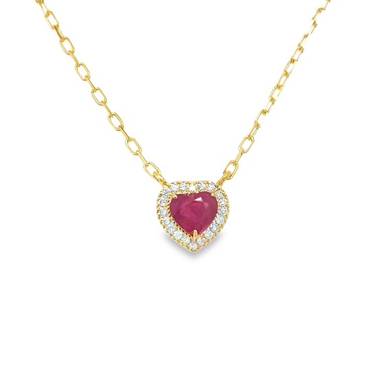 14KT YELLOW GOLD DIAMOND AND RUBY HEART NECKLACE