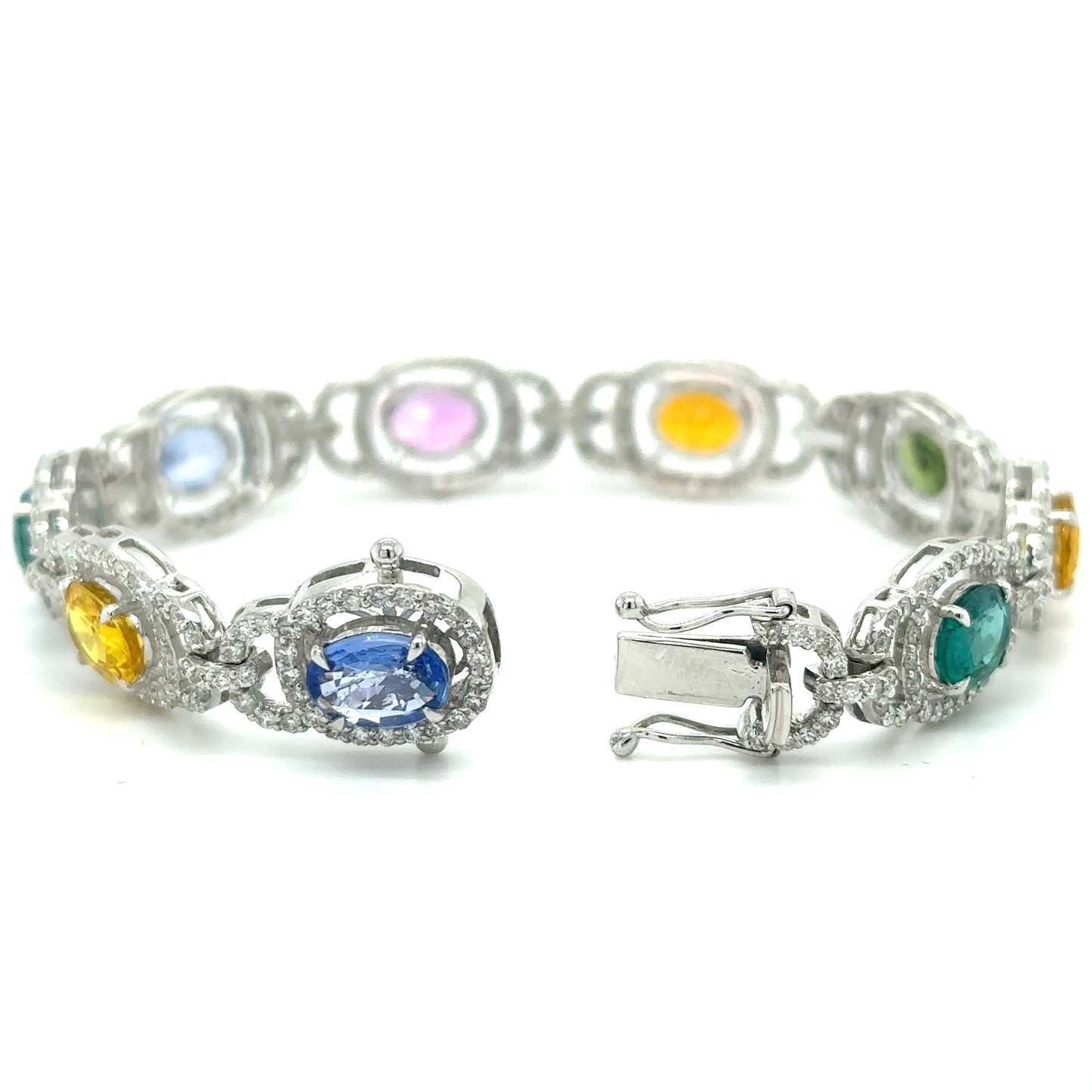 18K WHITE GOLD EMERALD, MULTI SAPPHIRE AND DIAMONDS BRACELET