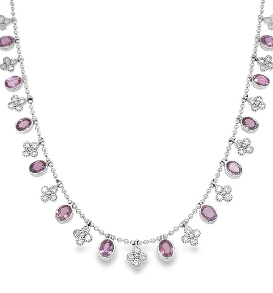 14KT WHITE GOLD PINK SAPPHIRE AND DIAMOND CLOVER DANGLING NECKLACE