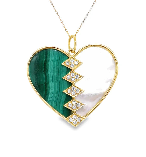 14KT YELLOW GOLD MALACHITE AND MOTHER OF PEARL HEART PENDANT WITH DIAMONDS