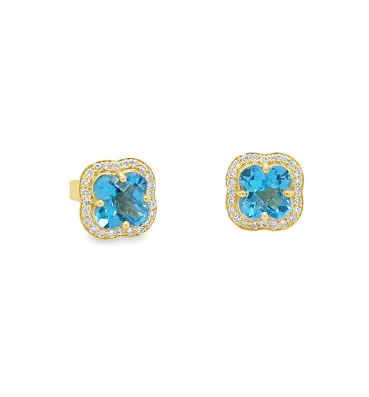 14KT YELLOW GOLD SWISS BLUE TOPAZ AND DIAMONDS EARRING