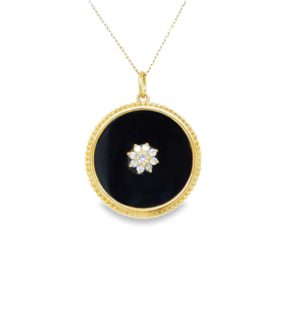 14KT YELLOW GOLD BLACK ONYX PENDANT WITH FLOWER DIAMONDS