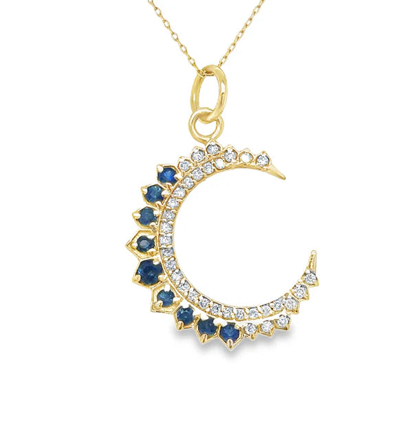 14KT YELLOW GOLD HALF MOON PENDANT WITH SAPPHIRE AND DIAMONDS