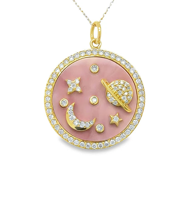 14KT YELLOW GOLD PINK OPAL PLANET PENDANT WITH DIAMONDS