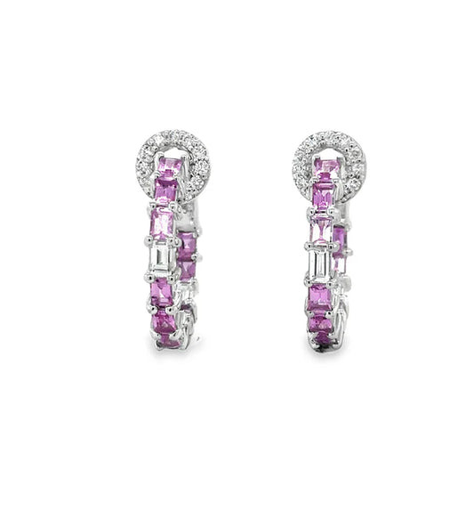 18KT WHITE GOLD PINK SAPPHIRE AND DIAMONDS HOOP EARRING