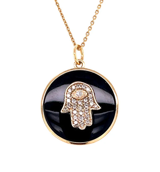 14KT YELLOW GOLD BLACK ONYX HAMSA PENDANT WITH DIAMONDS