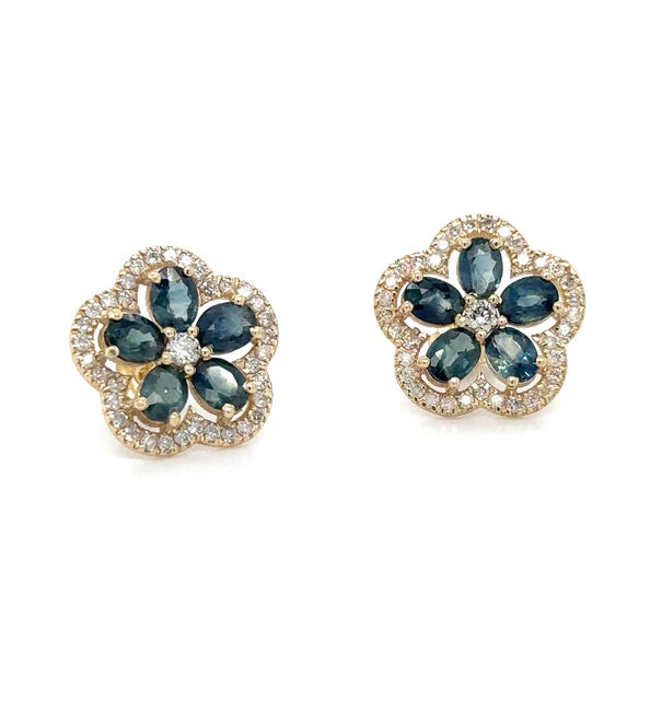 14KT YELLOW GOLD FLOWER GREEN/BLUE SAPPHIRE DIAMOND EARRING