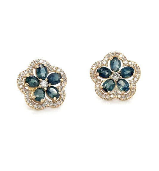 14KT YELLOW GOLD FLOWER GREEN/BLUE SAPPHIRE DIAMOND EARRING