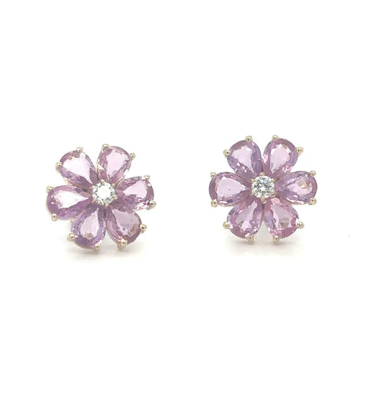 14KT YELLOW GOLD FLOWER EARRING WITH PINK SAPPHIRE AND DIAMONDS