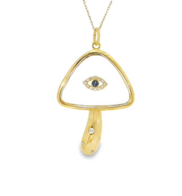 YELLOW GOLD CRYSTAL MUSHROOM PENDENT WITH DIAMONDS AND BLUE SAPPHIRE