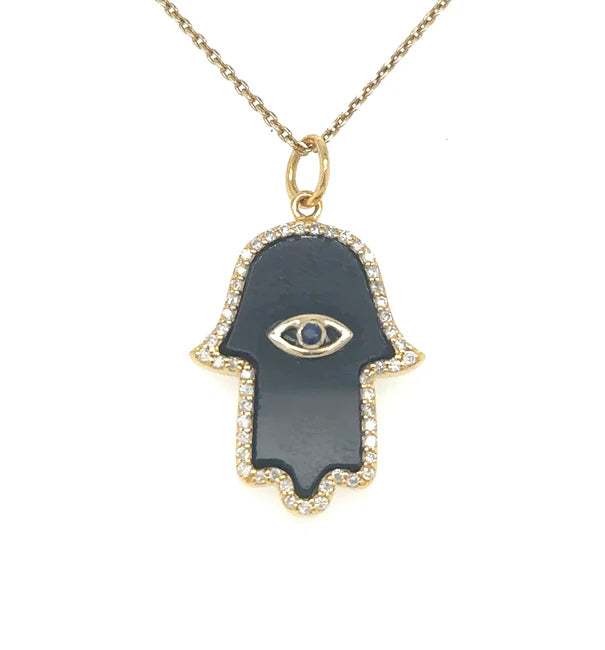 14KT YELLOW GOLD BLACK ONYX HAMSA PENDANT WITH DIAMONDS