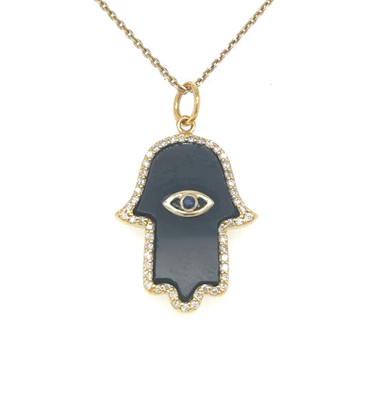 14KT YELLOW GOLD BLACK ONYX HAMSA PENDANT WITH DIAMONDS